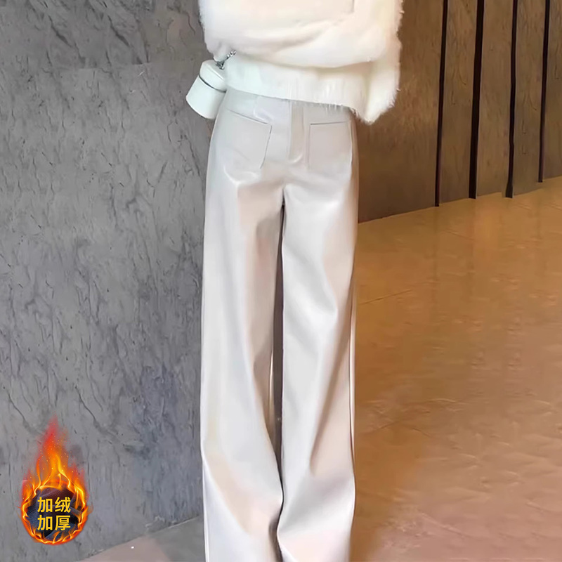 White Fleece-Lined High-Waisted Leather Pants for Women, New Autumn Style, Stylish and Fashionable Straight-Leg Pants, Versatile and Trendy Pu Wide-Leg Casual Pants White Fleece-Lined High-Waisted Leather Pants for Women, New Autumn Style, Stylish and Fashionable Straight-Leg Pants, Versatile and Trendy Pu Wide-Leg Casual Pants
