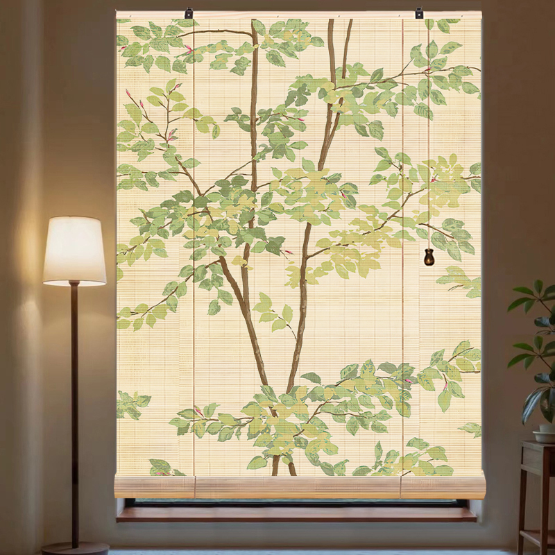 Green Plant Bamboo Roller Blinds, Tea Room Zen Curtains, Study Room Bamboo Curtains, Balcony Blackout Sunshade Curtains, Partition Curtains
