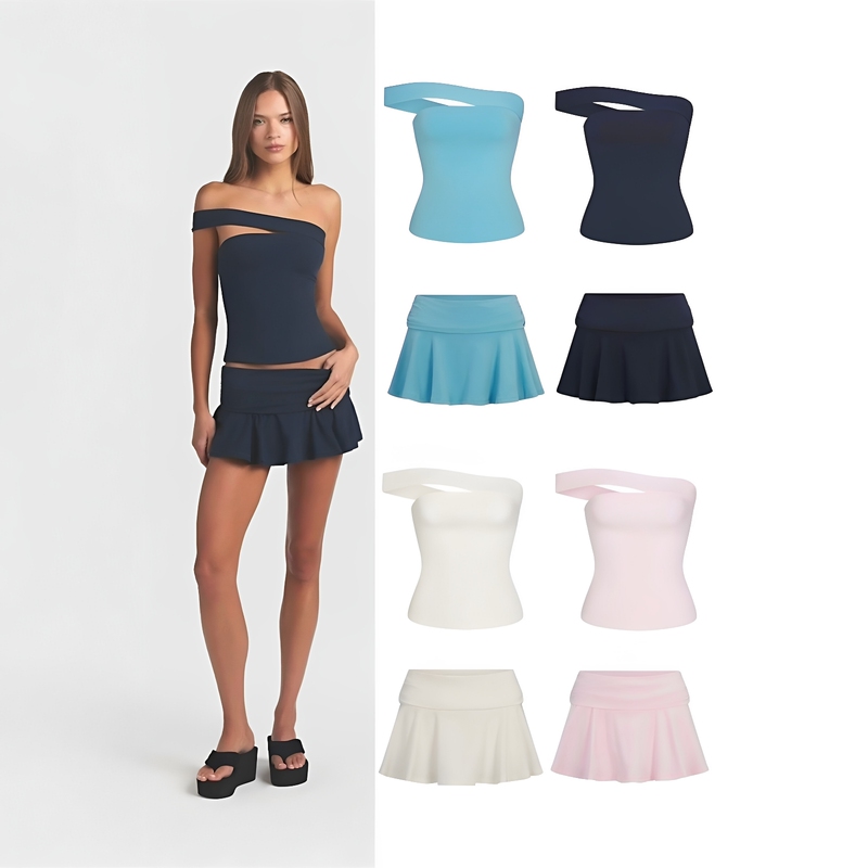 Skims Official Factory Kardashian-Style Asymmetrical One-Shoulder Strapless Top and Short Skirt Set
