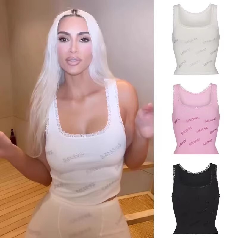 Hot Girl Factory Goods Skims Rhinestone Letter Lace Elastic Tight-Fitting Camisole Slimming Top Kardashian