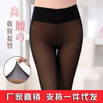 Autumn and winter velvet thickened mesh stewardess gray fake see-through leggings womens anti-snatch high-waisted belly-control translucent leggings