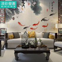 New Chinese Lotus Lotus Lotus Fish Wallpaper Feng Shui Sofa Restaurant Background Wall Cloth Booking Hotel Bag Compartment Wall Cloth Warm Color