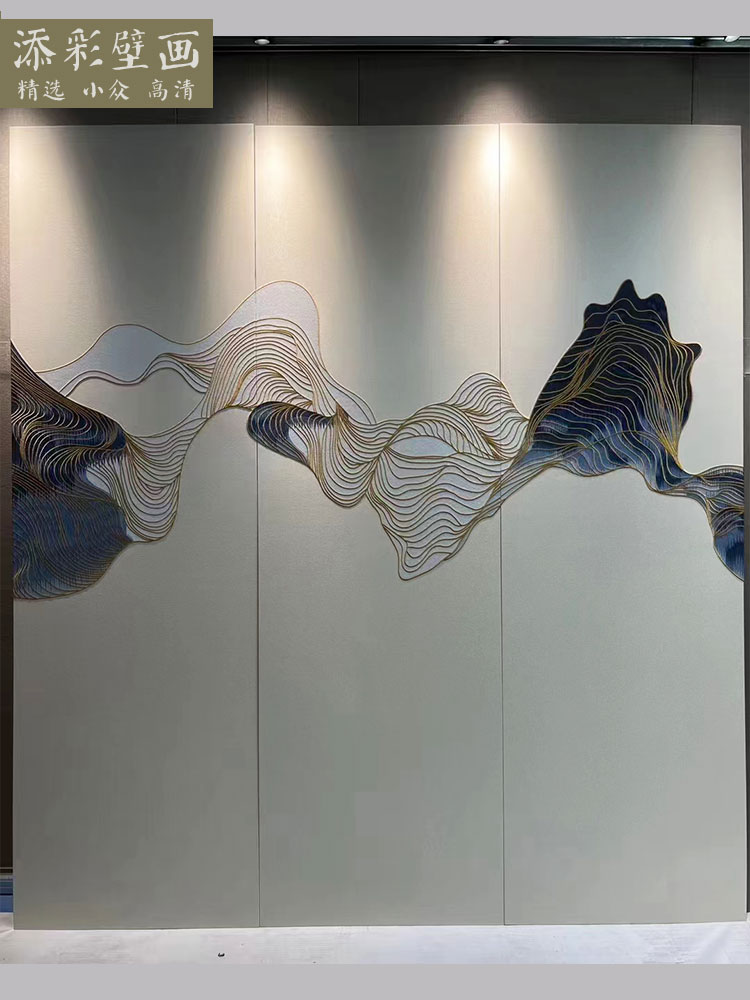 现代简约抽象线条刺绣壁画 | 米色别墅沙发独绣背景墙布定制，装修界的艺术品🎨