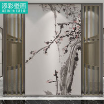 New Chinese Xuanguan Vertical Wall Cloth Ink red plum Plum Cherry Picking Empty Living Room Background Wall Grilles Seamless suede cloth