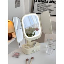 Makeup mirror desktop LED light dressing table tabletop with light folding beauty shell double door mirror gift for girls