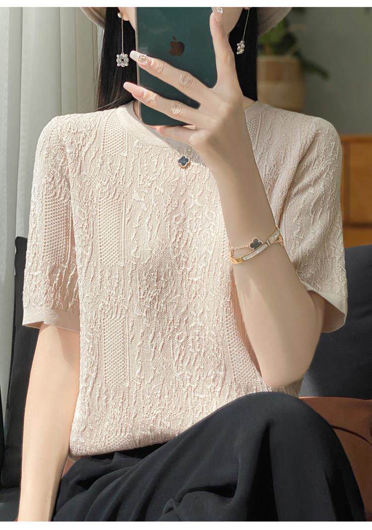 棉服工装 桑蚕丝新款夏季重磅冰丝针织衫上衣女遮肚显瘦宽松大尺码短袖t恤