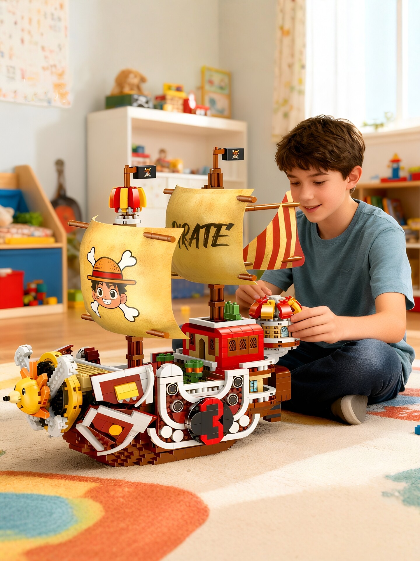 One Piece Building Blocks Anime Straw Hat Crew Sunny Ship Model Boys and Girls Educational Assembly Building Block Toys Gift