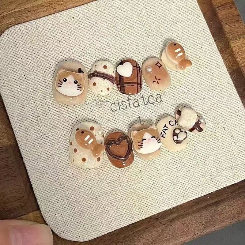 Purely Handmade Children's Wearable Nails, Girls' Manicure, Pure Handmade Nail Patches, Cat and Fish Cartoon, Cute Removable Nails