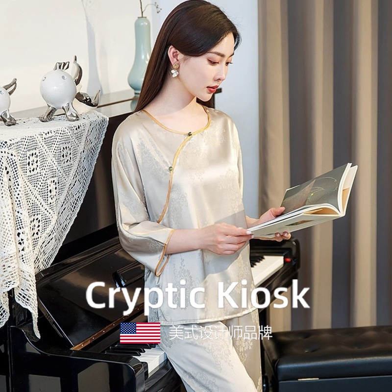Cryptic Kiosk New Chinese Style Silk Pajamas for Women, Summer Loose Fit with Chest Pads, Women's Mulberry Silk Loungewear Cryptic Kiosk New Chinese Style Silk Pajamas for Women, Summer Loose Fit with Chest Pads, Women's Mulberry Silk Loungewear