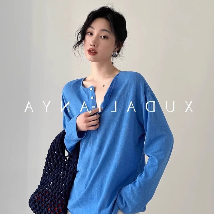 French Klein Blue Sun-Protective Long-Sleeve T-Shirt for Women, Summer Air-Conditioning Cover-Up, Loose Thin Henry Collar Versatile Top