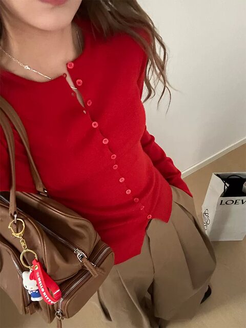 New Year's Red Outfit: Knitted Cardigan for Women, Spring and Autumn Design Sweater, Inner Layer Base Shirt, Stunningly Beautiful Top