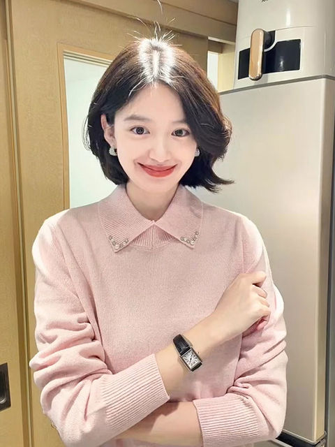 Great looking pink hot diamond lapel sweater for women in autumn and winter, soft and waxy inner sweater base polo collar top