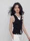 Black Fake Two-Piece V-Neck Knitted Camisole for Women, Summer French Style Slim Fit Color-Blocked Sleeveless Top T-Shirt