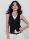Black Fake Two-Piece V-Neck Knitted Camisole for Women, Summer French Style Slim Fit Color-Blocked Sleeveless Top T-Shirt