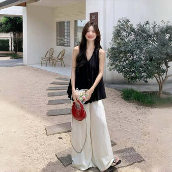 Black V-Neck Linen Sleeveless Shirt Vest T-Shirt for Women, Summer Design, Niche Shirt, Loose Babydoll Top