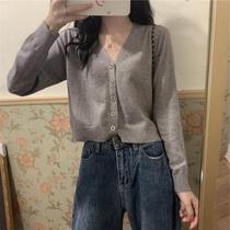 Early autumn new style knitted outer cardigan short Korean style V-neck loose inner long-sleeved thin sweater jacket womens clothing