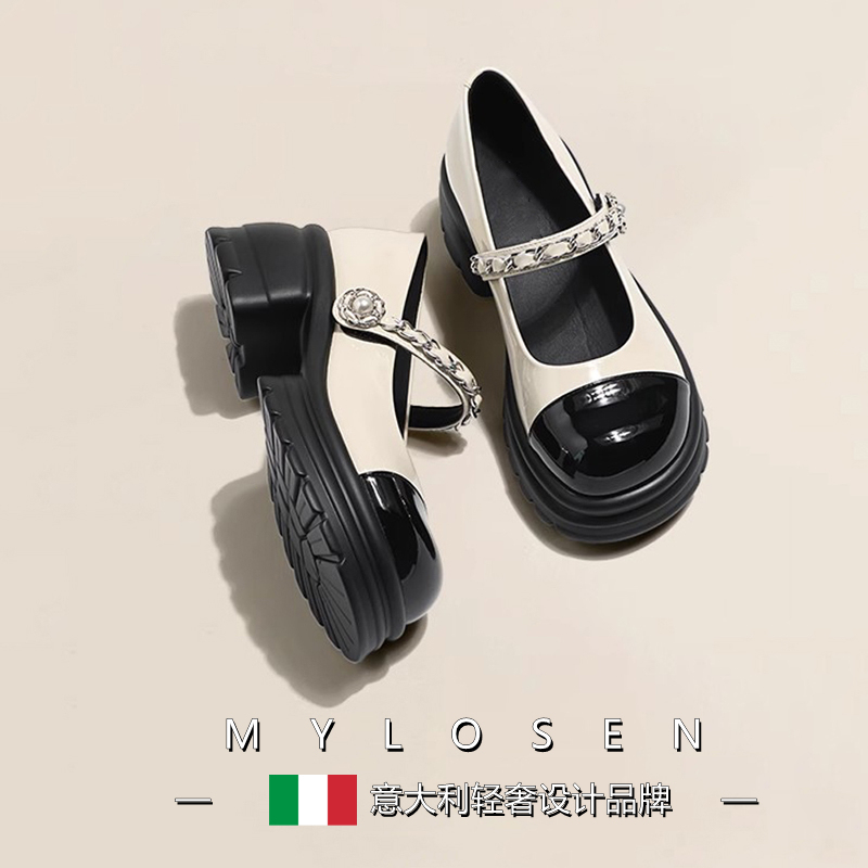 Mai Luosen 2026 New Color-Blocked Mary Jane Women's Shoes, French-Style Chunky High Heels, Shallow Thick-Soled Leather Shoes, Retro Single Shoes