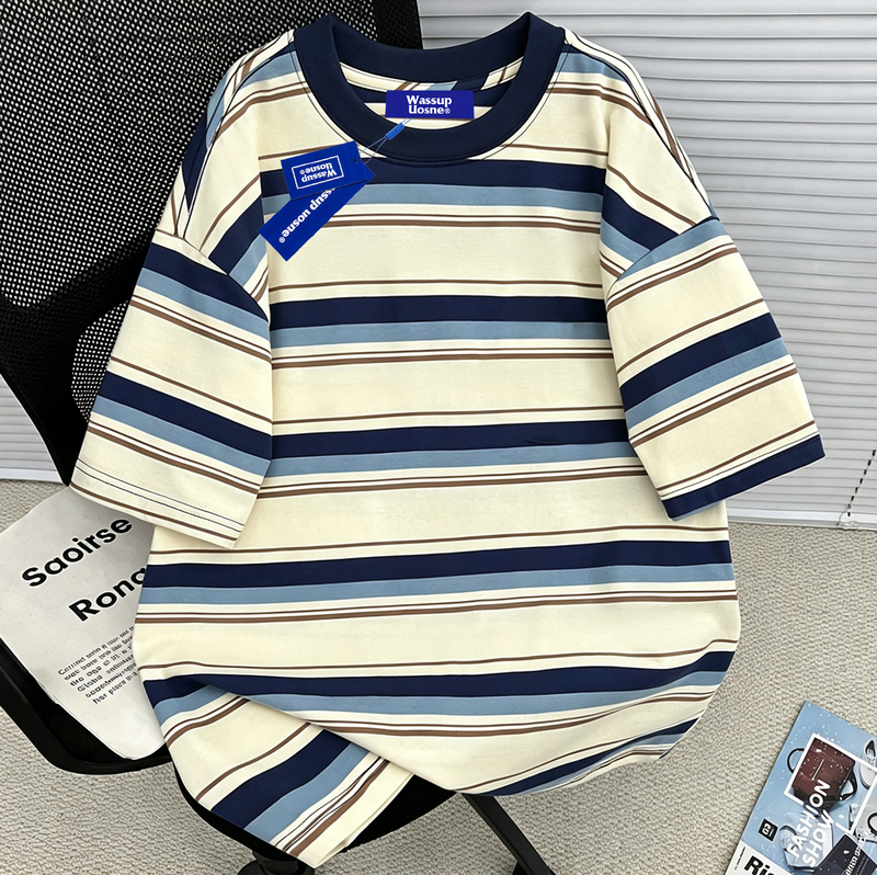 Wassup Heavyweight Pure Cotton Striped Short-Sleeve T-Shirt for Men, Summer 2026 New Trendy Brand Oversize Loose Top Wassup Heavyweight Pure Cotton Striped Short-Sleeve T-Shirt for Men, Summer 2026 New Trendy Brand Oversize Loose Top