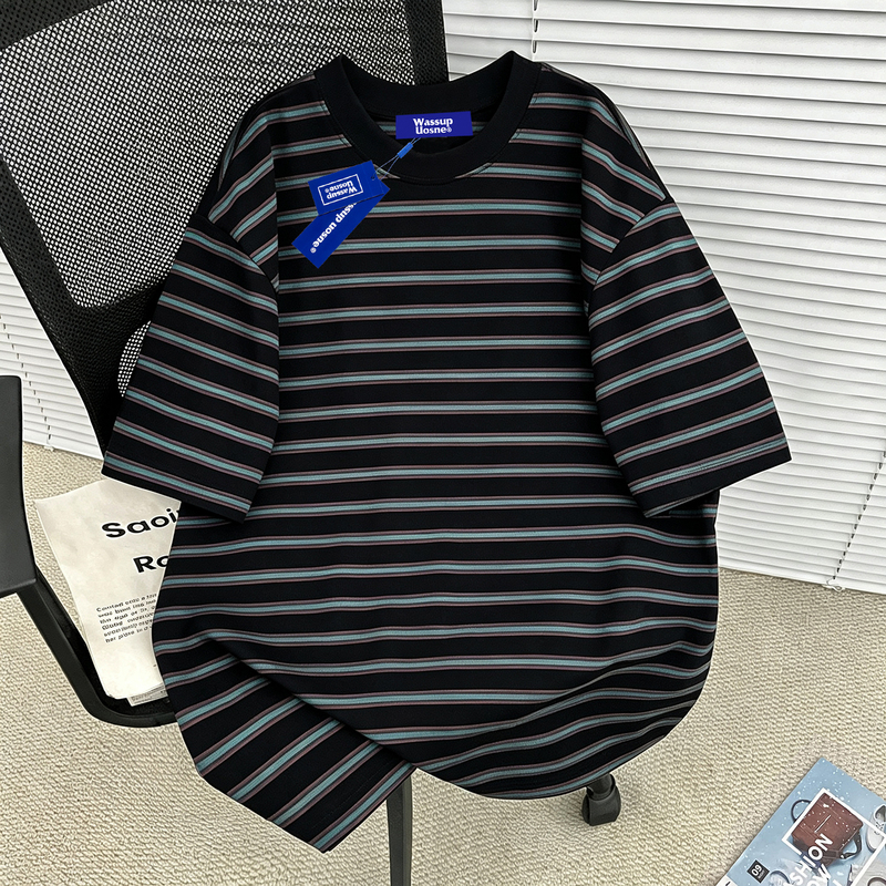 Wassup Heavyweight American Retro Loose Striped Short-Sleeve T-Shirt for Men, Summer Trendy Brand Crew Neck Oversize Top Wassup Heavyweight American Retro Loose Striped Short-Sleeve T-Shirt for Men, Summer Trendy Brand Crew Neck Oversize Top