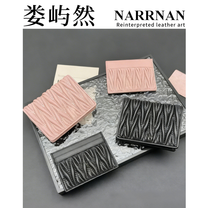 Narrnan'Card Holder' Lambskin Pleated Wallet for Women [Made in Guangdong Version] Ultra-Thin Multi-Card Slot Integrated Card Holder