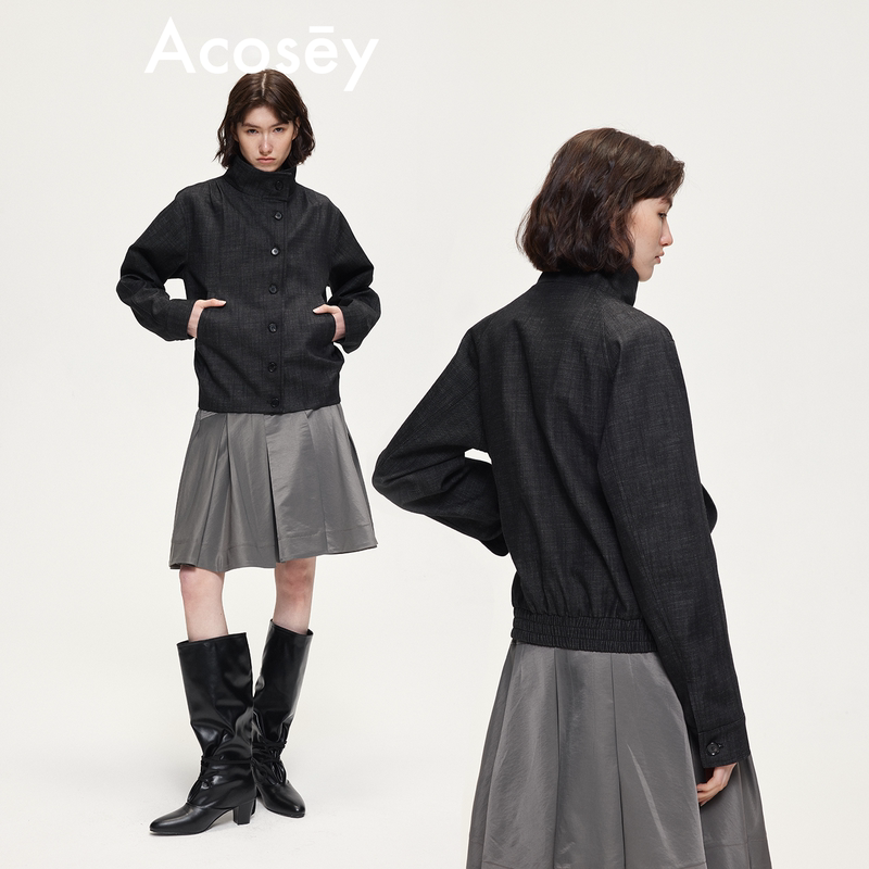 Acosey Original Design Twill Denim Loose Fit Waist-Cinching Natural Horn Button Stand Collar Jacket Acosey Original Design Twill Denim Loose Fit Waist-Cinching Natural Horn Button Stand Collar Jacket