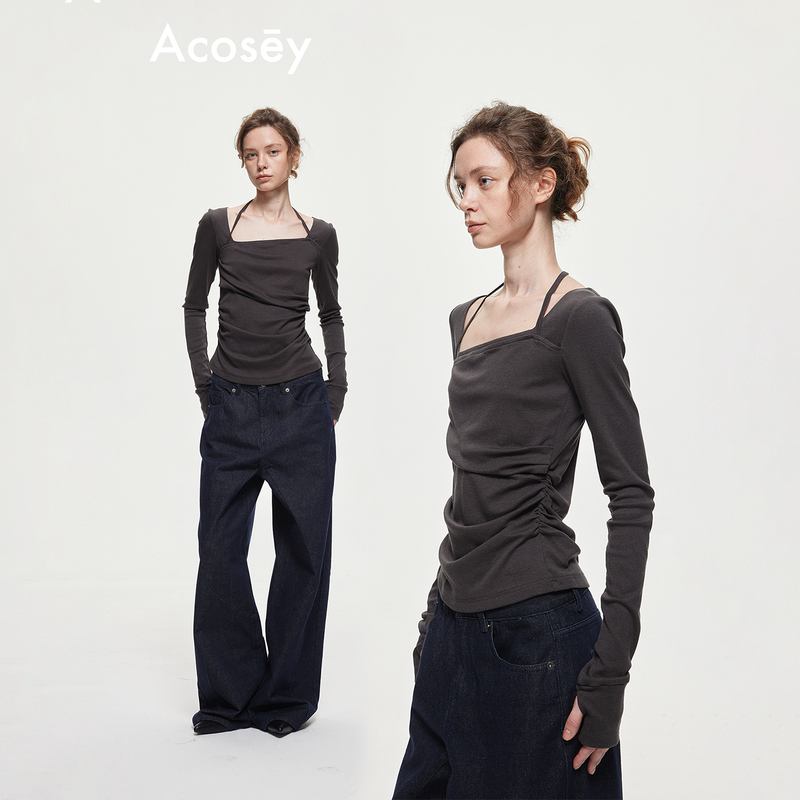 Acosey Tencel Cotton Blend Halter Neck Asymmetrical Pleated Relaxed Fit Long-Sleeved Top Acosey Tencel Cotton Blend Halter Neck Asymmetrical Pleated Relaxed Fit Long-Sleeved Top
