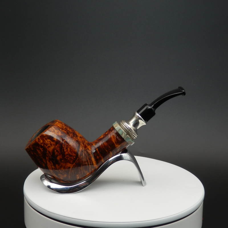 Good Luck Pipe Jeppesen Danish Handmade Briar Collector's Grade 4 Smooth Surface Pufferfish Silver Ring Bent Pipe