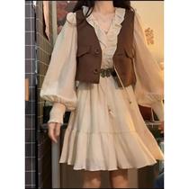 Plus size fat sister suit womens spring new loose slimming ear-lace lace-up dress brown vest
