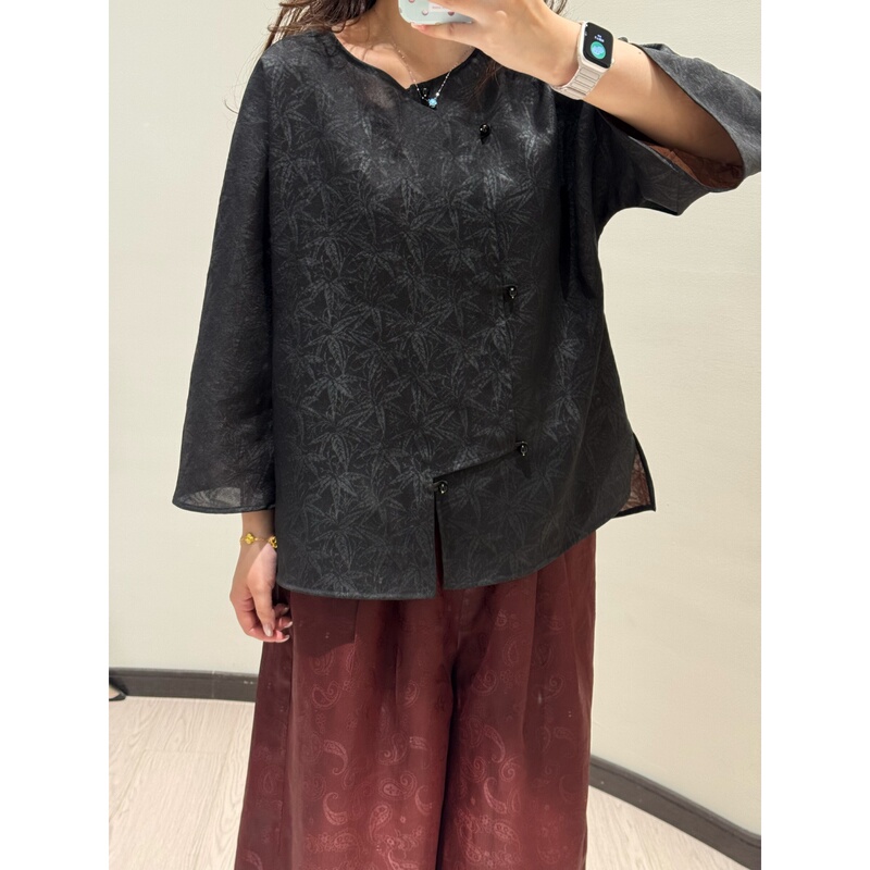 Xunran Tangxian Xiangyun Silk Bamboo Forest Pattern New Chinese Style Diagonal Collar Jacket Three-Weave Twill