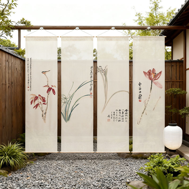Chinese Zen-Style Floral and Grassy Gauze Banners, Hanging Cloth Wall Decorations, Background Cloth, National Style Scene Decoration, Fabric Hanging Paintings