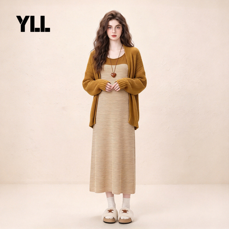 Pregnant Women's Casual Suspender Skirt Set, Autumn and Winter Style, Fashionable and Versatile, Striped Cardigan Sweater Two-Piece Set during Pregnancy