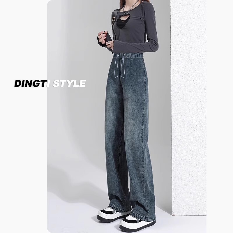 Maternity Jeans for Spring and Autumn, Drawstring Straight-Leg Pants Without Belly Support, Can Be Worn by Pregnant Women after Giving Birth, High-Waisted Elastic Wide-Leg Pants