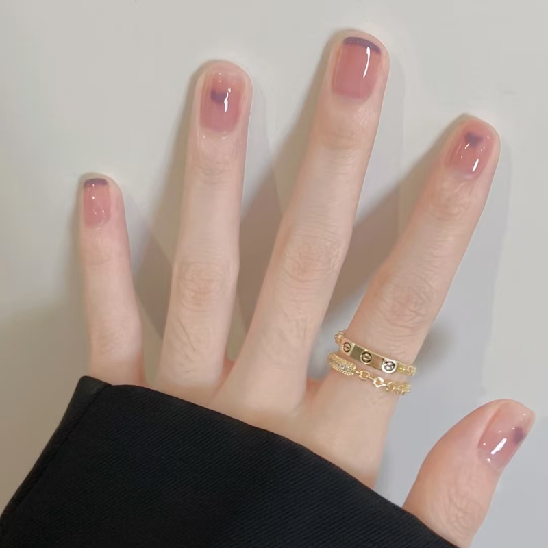 Handmade Short-Length Wearable Nail Stickers, Summer Ice-Clear Nude Color, French Style, Taro Purple, Heart-Shaped, Hand-Painted, Girly Fake Nails