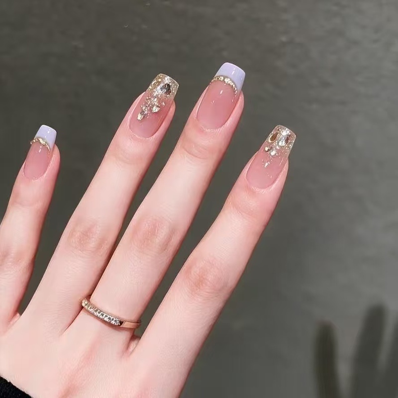Early Autumn New Style Handmade Wearable Nail Patches, Gentle Purple French Champagne Fine Glitter Diamonds, High-End and Elegant Fake Nails