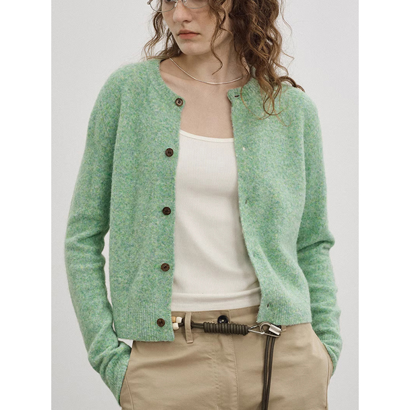 Skin-Friendly Wool Blend Green Sweater Cardigan, Lazy Style 2025 Autumn Coat, Round Neck Knitted Jacket, Women's Top