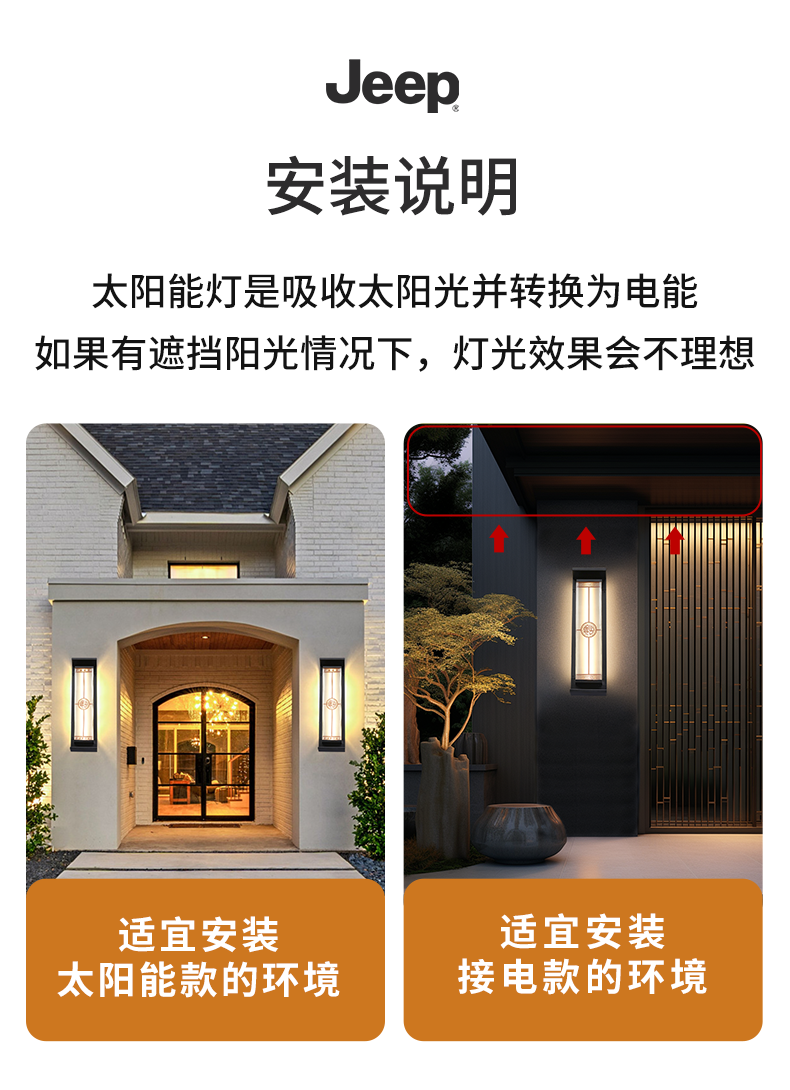 Открытый стене 太阳能户外防水壁灯别墅庭院室外走廊过道阳台大门口墙灯免接布线 线 JEEP