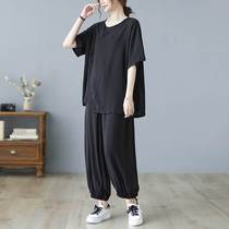Fat girl slimming suit womens summer loose large size solid color splicing top casual leg-tie nine-point pants two-piece set