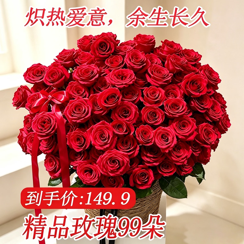 Rose Flower Gift, Birthday Flower Arrangement for Boyfriend/Girlfriend, 99 Red Roses Sent Directly from Yunnan, Next-Day Delivery Via Sf Express