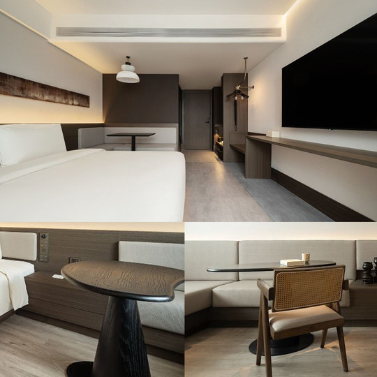 亚朵4.0酒店家具标间全套安装设计圆几床屏原木中式工厂直销简约