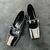 Internet celebrity Zhao Lusi Ningnings summer silver low-heeled ballet fish mouth Mary Jane single shoes with thick heels