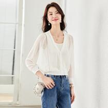 Cardigan versatile solid color temperament closed hem suspender thin cardigan spring and autumn middle-aged hollow thin coat blouse collar solid color