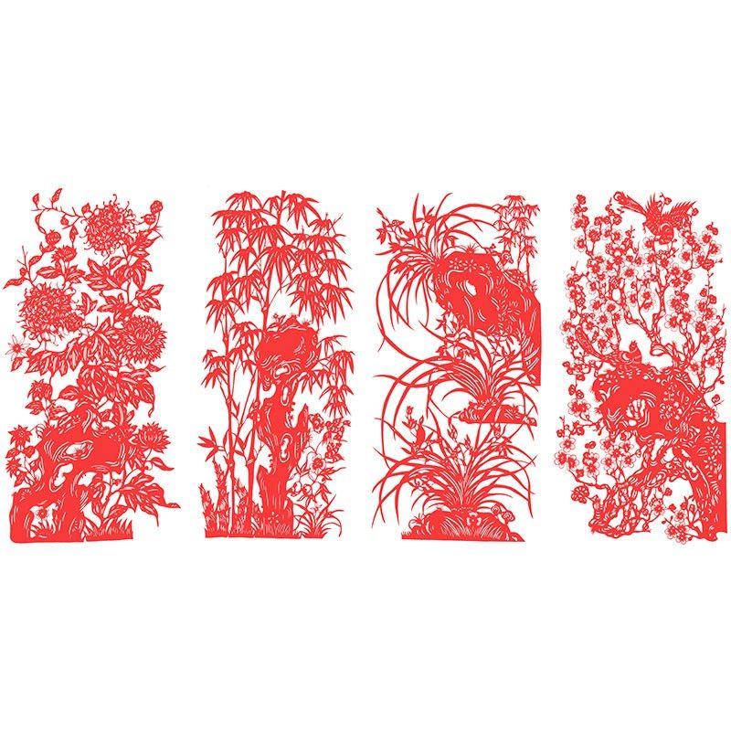 春夏秋冬柳梅兰竹菊熊猫纯手工四条扇屏剪纸画:传统艺术的现代演绎-剪纸-淘宝百科网