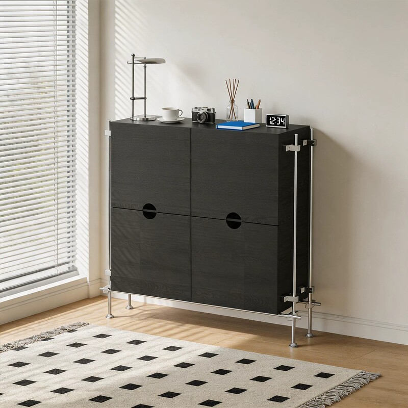 Medieval-Style Sideboard with Stainless Steel Frame, Black Solid Wood Chest of Drawers, Living Room Entryway Wall-Mounted Display and Storage Cabinet Medieval-Style Sideboard with Stainless Steel Frame, Black Solid Wood Chest of Drawers, Living Room Entryway Wall-Mounted Display and Storage Cabinet