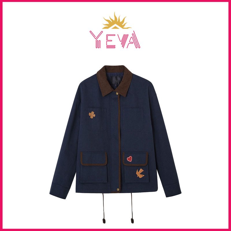 Yeva【Limited Time Clearance】Celebrity Style Retro Barn Style Color-Block Bird Patch Lapel Jacket