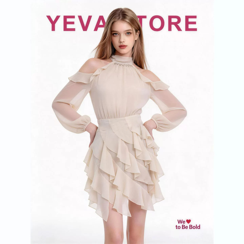 Yeva French-Style Elegant Ruffled Hand-Stitched Rhinestone Off-Shoulder Dress for Women, Summer Slim-Fit Waist-Cinching Dress Yeva French-Style Elegant Ruffled Hand-Stitched Rhinestone Off-Shoulder Dress for Women, Summer Slim-Fit Waist-Cinching Dress