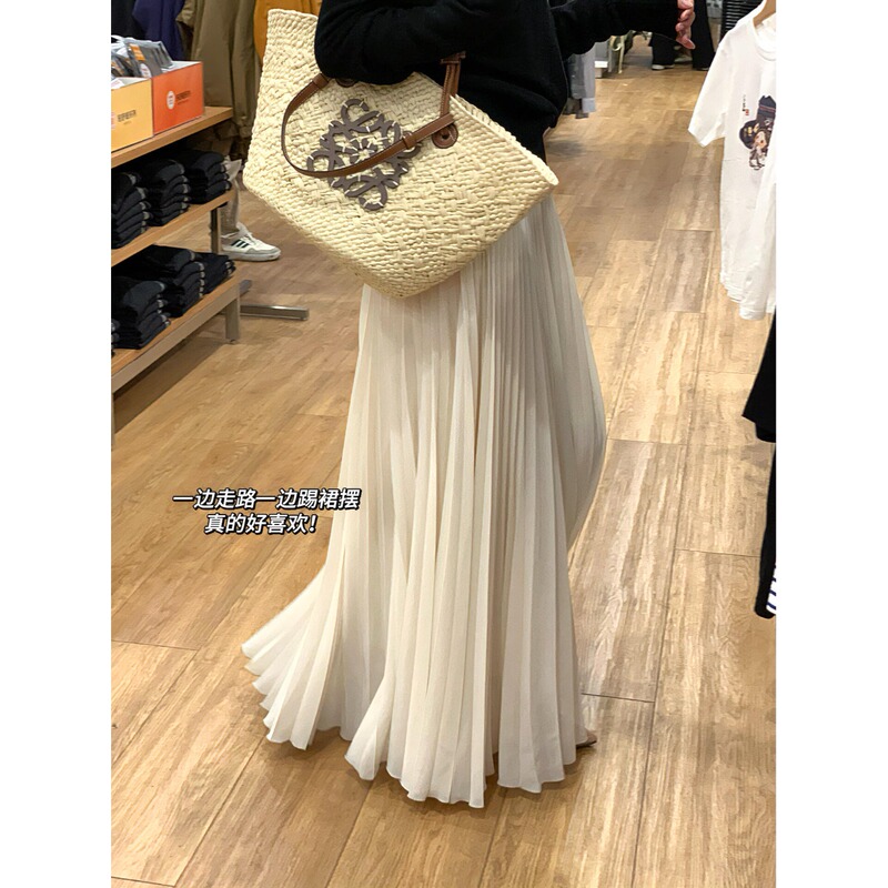 Correct Version】Gentle Accordion-Style Large Skirt, Elegant Chiffon Skirt, Spring and Summer Long A-Line Umbrella Skirt, Pleated Half Skirt