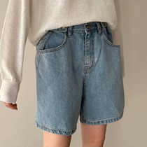 Korean chi early spring niche simple high-waisted buttoned double pockets loose and versatile slimming wide-leg denim shorts for women