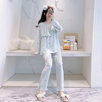 Anti-bump pajamas for women long-sleeved trousers cotton silk anti-exposure ruffles summer ultra-thin cool suits home clothes