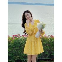 Ruffled Tea Break Fairy V-neck Dress Womens Spring New Waist A-Line Skirt Sweet and Spicy Yellow Skirt