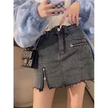 Plus size fat girl denim skirt womens spring and autumn new style slit high waist slim hot girl short skirt hip skirt pants